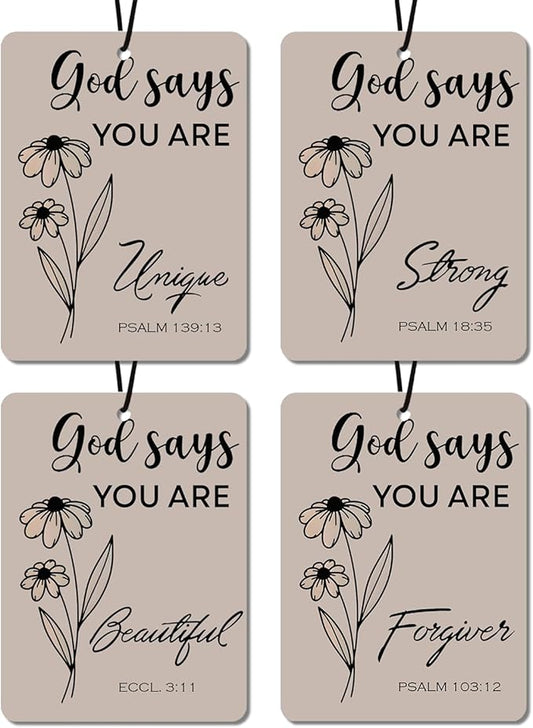 Christian Inspirational Car Air Fresheners - 'God Says You Are' Bible Verse Designs, 4- Pack Ideal Decor & Gift for Faith - Based Encouragement, for Car, Closet & Home