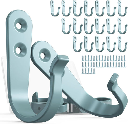 20PCS Heavy Duty Metal Wall Hooks, Coat Hooks for Hanging - Single Prong with 40 Screws (Coats Towels Backpacks) - Light Blue