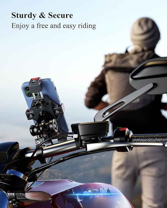 BRCOVAN Motorcycle Phone Mount with Qi 15W Wireless Charger & Vibration Dampener, Anti-Theft, Anti-Shake, Adjustable, Aluminum Alloy Motorcycle Handlebar Cellphone Holder for 4.7''-7.2'' Smartphones
