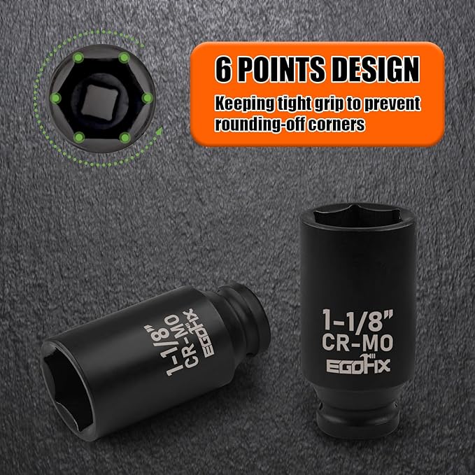 1 1/8 Inch Socket 1/2" Drive Deep Impact SAE Socket, Heat-Treated CR-MO Anti-Rounding 6 Point for Easy Removal of Axle Nut