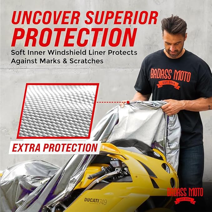 Badass Moto Ultimate Motorcycle Cover Waterproof Outdoor, Heavy Duty Motorcycle Cover for Harleys - Motorcycle Sun Cover, Fits Harley Davidson Motorcycle Covers, Street or Sportbike Cover