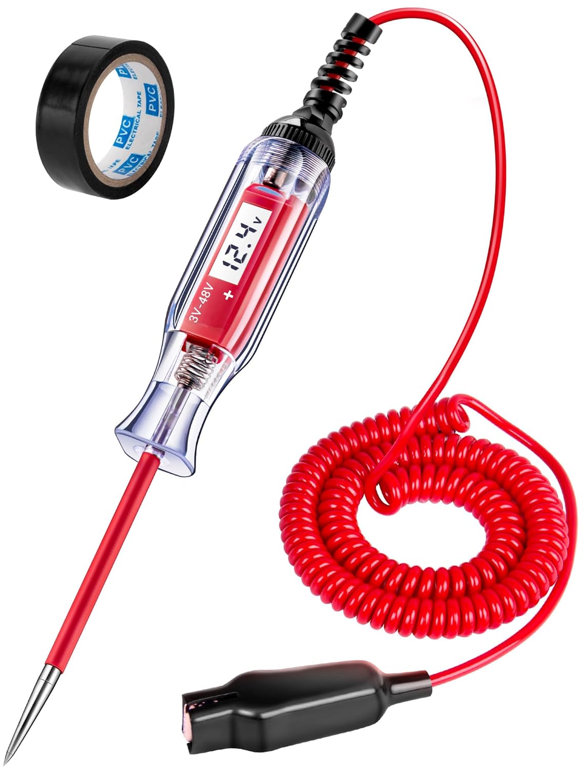 Heavy Duty 3-48V Automotive Circuit Tester with Backlit Digital LCD Voltage Display, DC Test Light with 140 Inch Extended Spring Wire, Car Truck Battery Tester with Stainless Probe