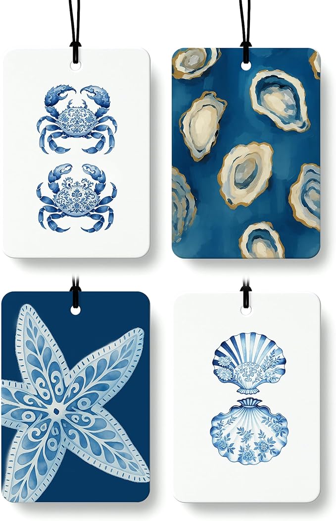 Blue Ocean Beach Cologne Car Air Freshener 4 Pcs, Coastal Crab Oyster Starfish Seashell Hanging Air Freshener for Cars Bathroom Dorm Books Decor, Beachy Accessories Gifts for Women Girls