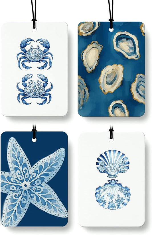 Blue Ocean Beach Cologne Car Air Freshener 4 Pcs, Coastal Crab Oyster Starfish Seashell Hanging Air Freshener for Cars Bathroom Dorm Books Decor, Beachy Accessories Gifts for Women Girls