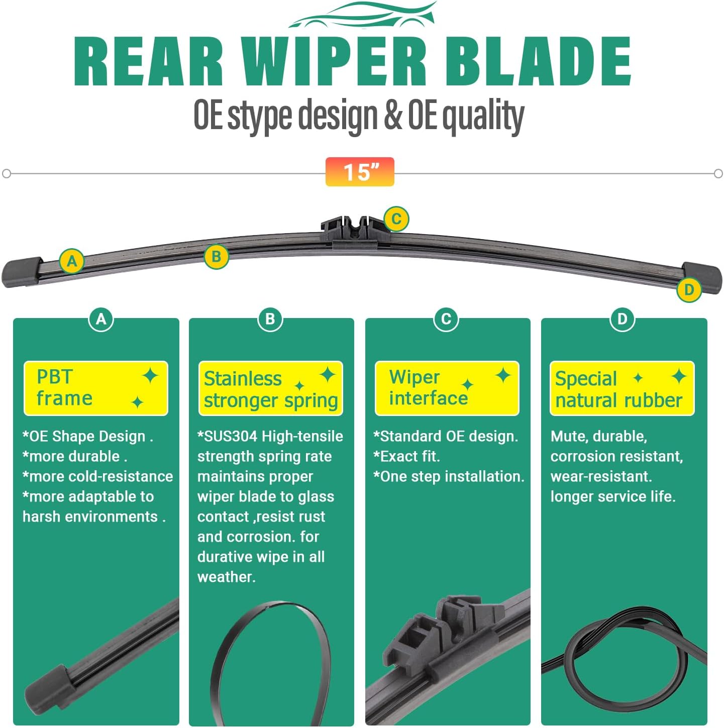 28" 28" 15" Windshield Wiper Blades Replacement for Ford Edge 2015 2016 2017 2018 2019 2020 2021 2022 2023 2024 Premium All Weather Front Rear Wipers Set - OEM Quality (Pack of 3)