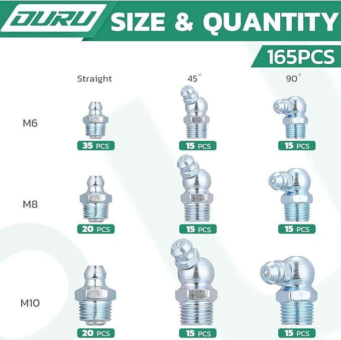 Grease Fittings Assortment, 165PCS Metric Zerk Grease Fittings NPT M6 M8 M10, Straight 45 90 Degree Grease Nipple for Grease Gun