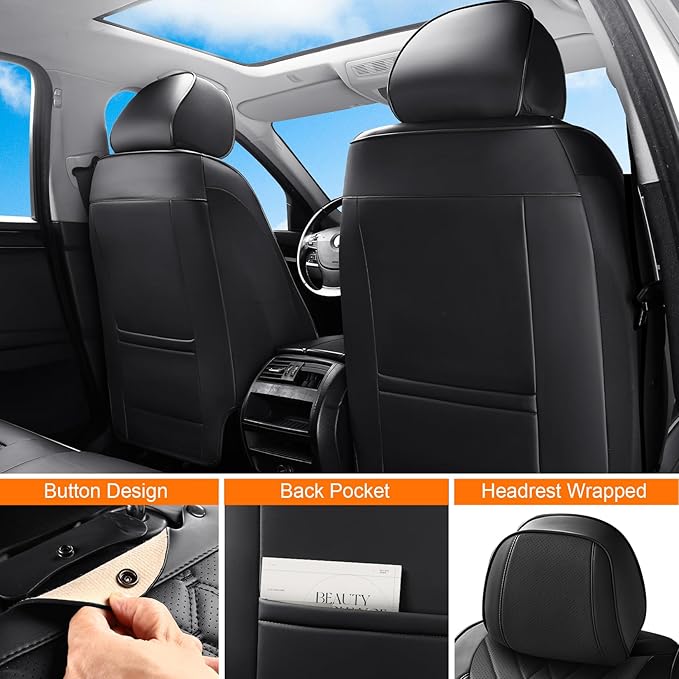 Car Seat Covers Front Seats Black, Luxury Leather Automotive Seat Covers with Lumbar Support, Waterproof Car Seat Protector Universal Fit for Most Cars Trucks Pick-ups SUVs