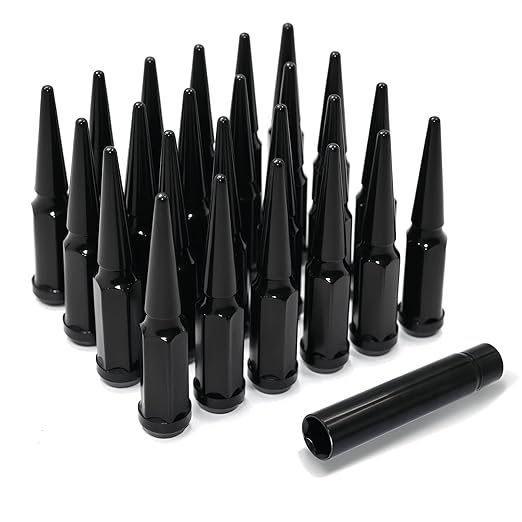 M12X1.5 Black Wheel Spike Lug Nuts, 24 PCS Lug Nut Wheel Accessories with 1 Socket Key, Thread Spiked 4.4" Long Closed End Nuts Compatible with Camry Accord Impala