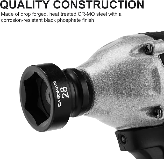 CASOMAN 1/2" Drive 28mm Stubby Impact Socket Set, 6-Point, 1.1" Length, CR-MO, Metric