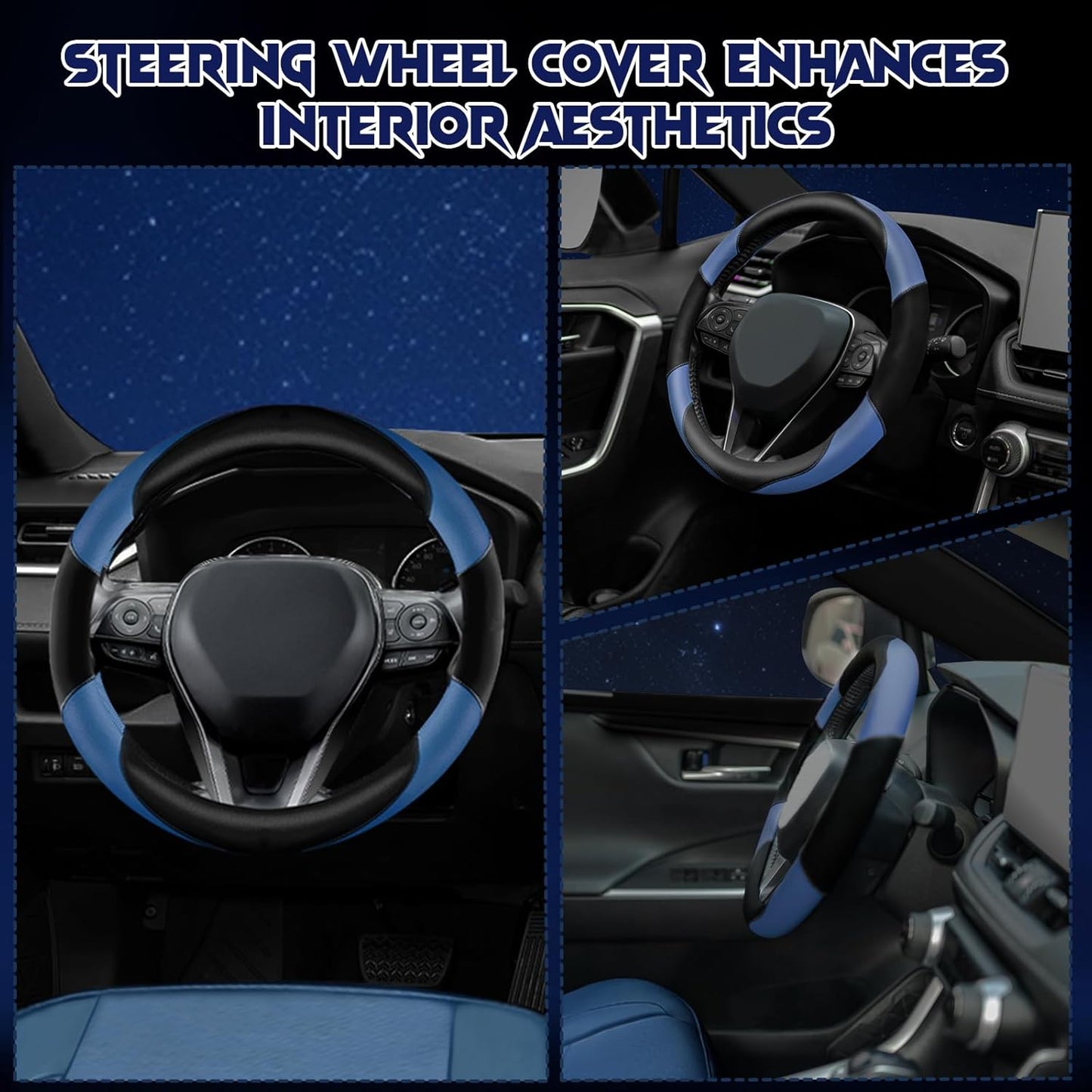 Soft Leather Steering Wheel Cover with Breathable Design and Anti-Slip Grip, Fully Compatible with Tesla, Toyota, Honda, Nissan 14.2-14.96 inch Round Steering Wheel（Sedans and SUVs）