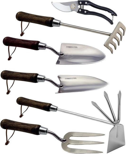 Garden Tool Set, 6PCS Heavy Duty Stainless Steel Gardening Hand Tools with Ropes, Includes Trowel, Transplanter, 2-in-1 Hoe, Pruner & More, Ideal Gardening Gift for Man and Woman (Standard Packaging)