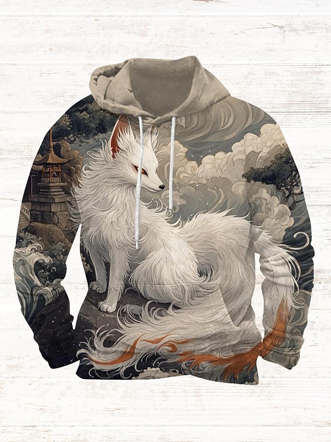 Mens Animal Print Graphic Hoodies Casual Long Sleeve Japanese Art Style Hooded Sweatshirt Lightweight Pullover Tops