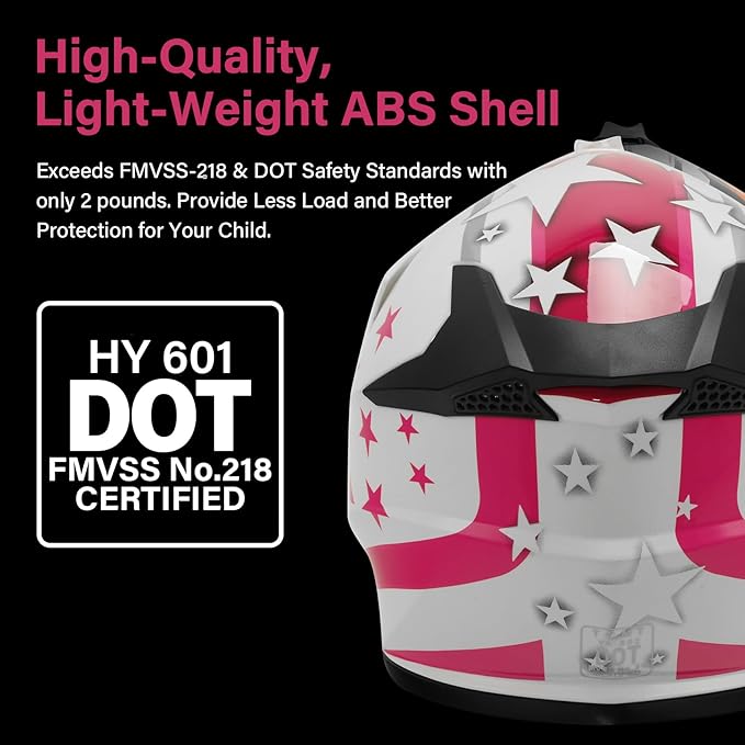 XFMT DOT Youth Kids Dirt Bike Helmet Full Face Motocross Helmets for Off-Road ATV Street Bike Four Wheeler Motorcycle with Goggles & Gloves, Pink Star X-Large