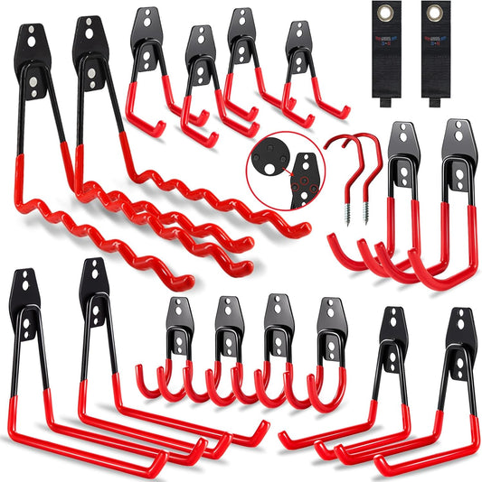 3-H Garage Wall Hooks 20 Pack, Garage Hooks Heavy Duty with Extra Welding Spots, Garage Organizer for Garden, Lawn, Chairs, Ladders, WeedEater, Shovel (Red)