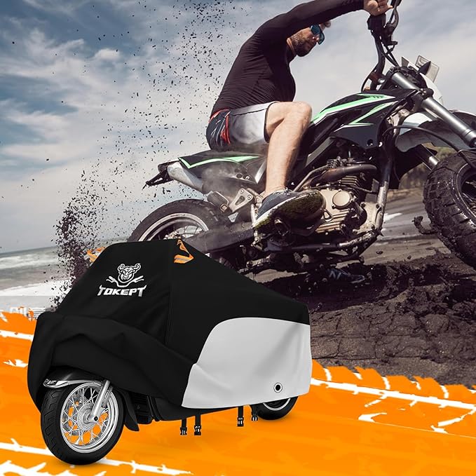 Motorcycle Cover, All-Weather Universal Motorcycle Outdoor Waterproof Cover with Locking Holes & Reflective Strips for 104″ Yamaha Kawasaki Motorbike Accessories(Black&Silver)