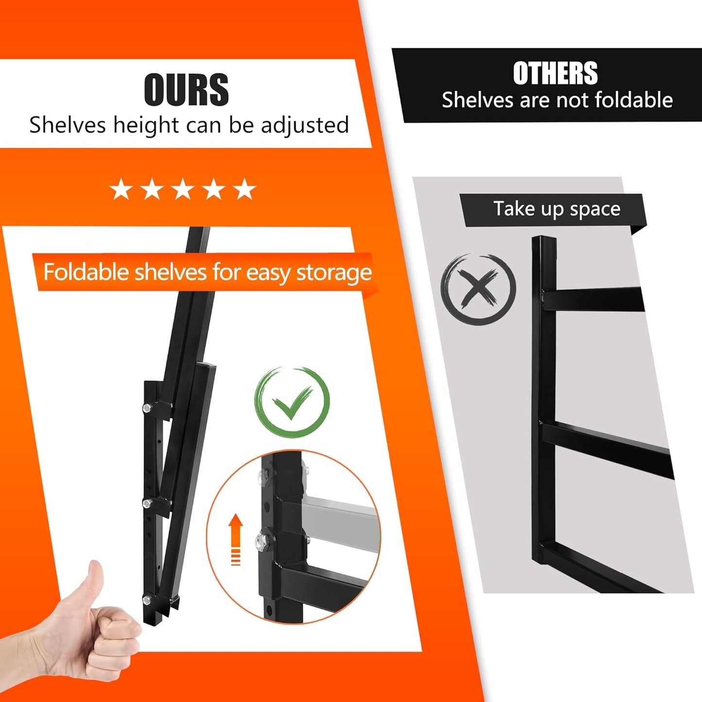 3-Tiered Collapsible Wall Mount Lumber Storage Metal Rack, 3-Level Foldable Heavy Duty Indoor Garage Wood organizer, Outdoor Adjustable Steel Multipurpose Workshop Shelf, Holds up to 330Lbs