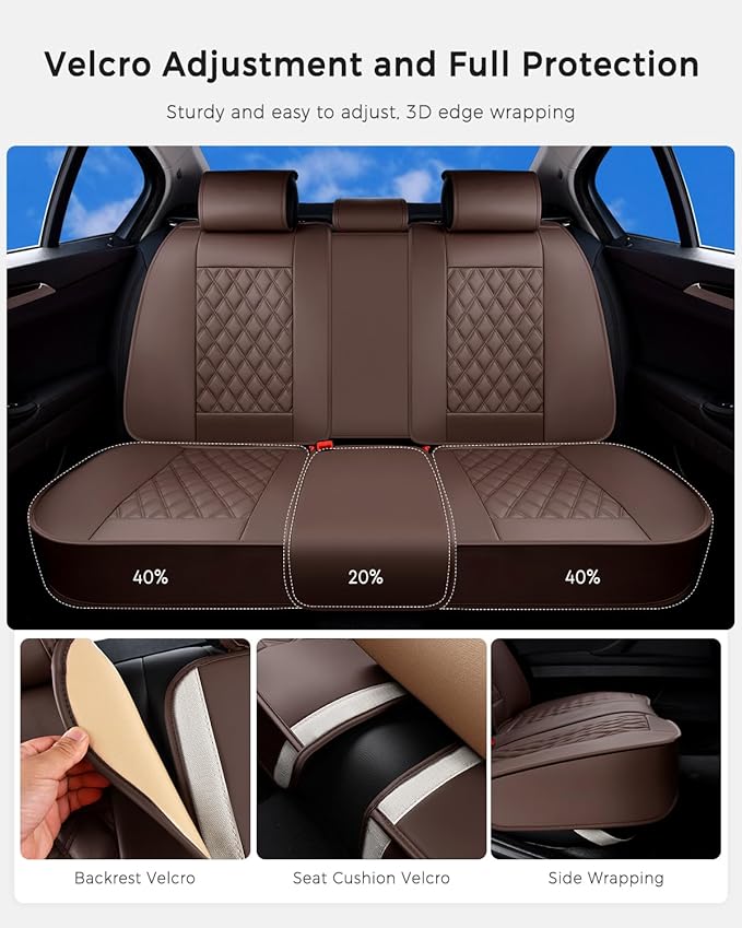 Huidasource Coffee Back Seat Cover, Nappa Leather Rear Seat Cover Velcro Adjustable, Compatible with Armrests, Seat belts, Child Safety Seats, Universal Fit for Most Cars SUVs Trucks (Back Row/Coffee)