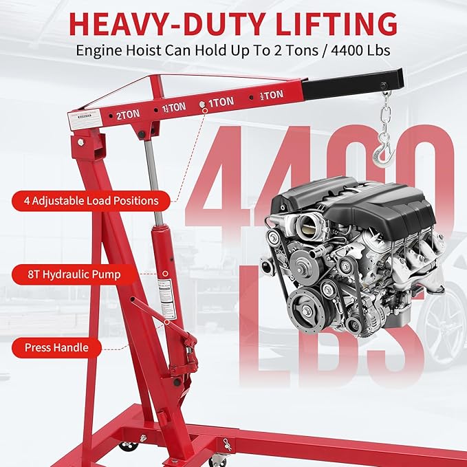 2-Ton Folding Engine Hoist Cherry Picker 4400 Lb Capacity Hydraulic Shop Crane with Telescoping Boom 6 Caster Wheels for Automotive Repair Garage Use Includes Hitch and Storage Stand Red