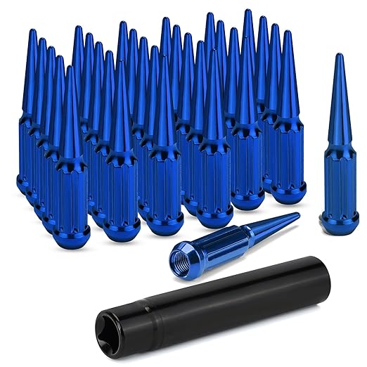 M12x1.5 Spike Lug Nuts, Set of 24 Blue Spline Spiked Lug Nut with Key for Dodge Ram 1500, Toyota Tundra, Chevrolet Tahoe 2000-2024, Ram 2500 1994-2024, 12x1.5 Acorn Solid Metal Truck LugNut