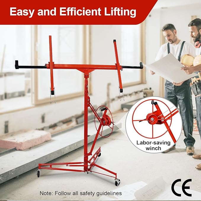 13FT Drywall Lift Sheetrock Lift, 150LBS Capacity, Drywall Lift Panel Hoist with Telescopic Arm, Drywall Jack Lift with 3 Lockable Wheels for Home Improvement Classic, 4'x16' Panel Size, Red