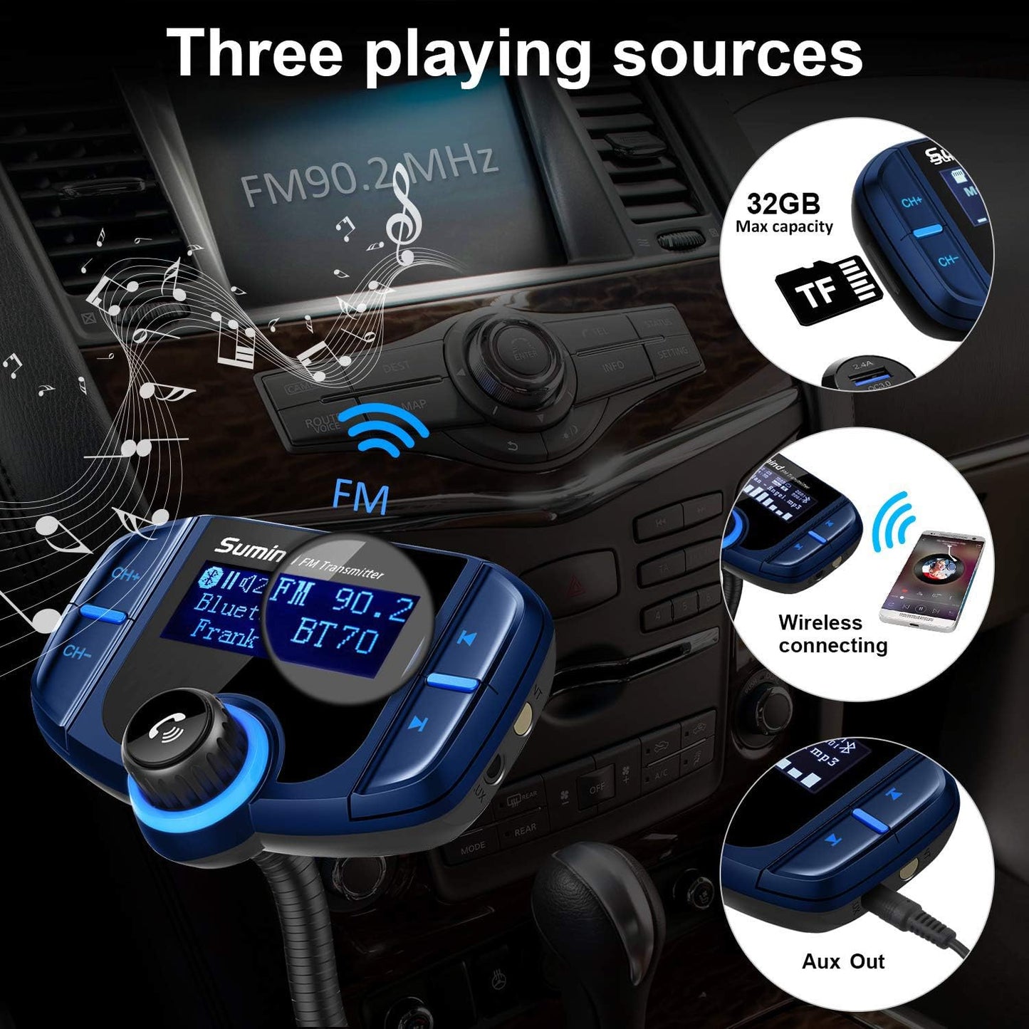 Upgraded Bluetooth FM Transmitter, Wireless Radio Adapter Hands Free Car Kit with 1.7'' Display, QC3.0 and Smart 2.4Amp Dual USB Ports, AUX Input/Output, TF Card Mp3 Player (Normal, Blue)