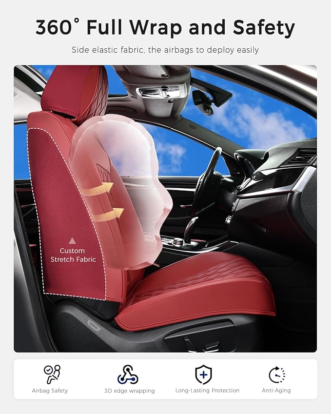 Huidasource Red Front Seat Cover, Nappa Leather Front Car Seat Cover, Side Elastic Fabric, Compatible with Airbags, Seat Belts, Universal Fit for Most Cars, Vans, Trucks, SUVs (Front Pair/Red)