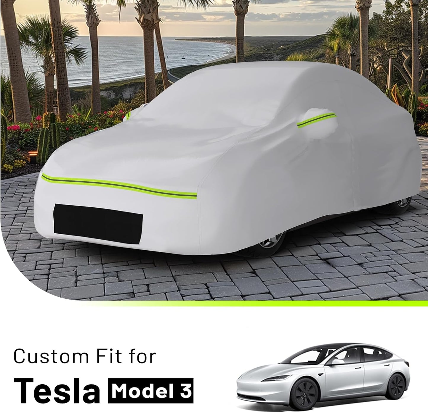 Favoto Car Cover for Model 3 - Custom Fit for Tesla Model 3 Cover 6 Layers Waterproof All Weather Outdoor Rain Snow Sun Protection with Charging Port Ventilated Mesh Door Zipper