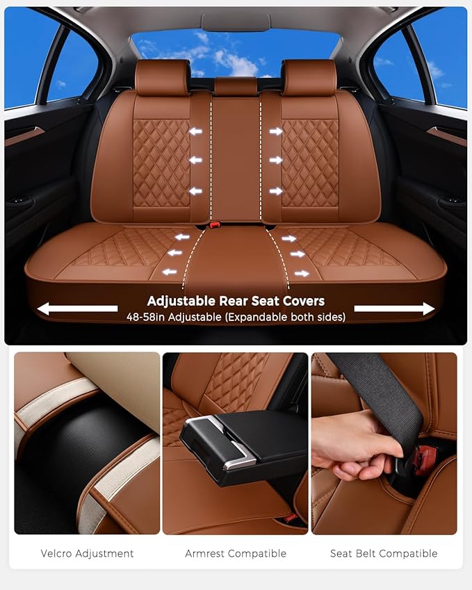 Huidasource Brown Seat Covers, Nappa Leather Car Seat Covers, Velcro Adjustable, Compatible with Airbags, Armrests, Child Seat, Seat Belts, Fit for Most Cars, Vans, Trucks, SUVs (Full Set/Brown)