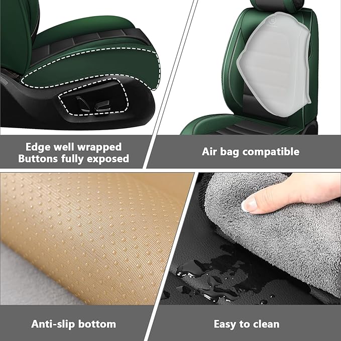 Full Set Car Seat Covers for GMC Sierra 1500/2500/3500 Denali SLT AT4 AT4X Base Seat Covers 2008-2025, Waterproof Premium Nappa Leather Seat Protectors(Luxury 5 Seats/Black&Green)