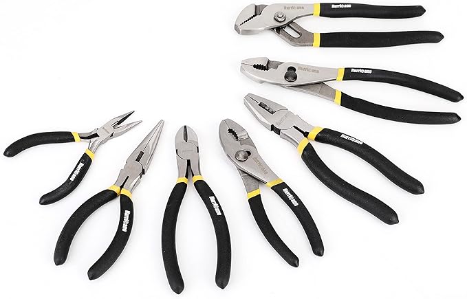HURRICANE 7 Pieces Pliers Set, 8 inch Groove Joint Pliers, 8 inch Slip Joint, 7‘’ Linesman, 6‘’ Slip Joint, 6‘’ Diagonal, 6‘’ Long Nose, Mini Long Nose, for DIY & Home Use