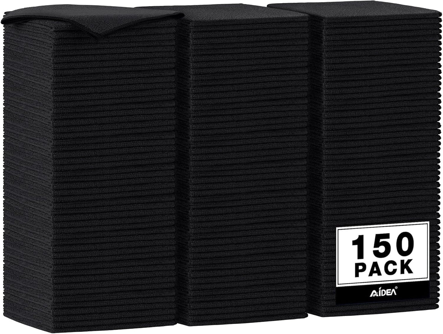 AIDEA Microfiber Cleaning Cloth Black 150PK, Microfiber Towels for Cars, Premium Car Cloths, Dusting Cloth Lint Free Cleaning Rags for SUVs, House, Kitchen, Window, Workshops,12×12"