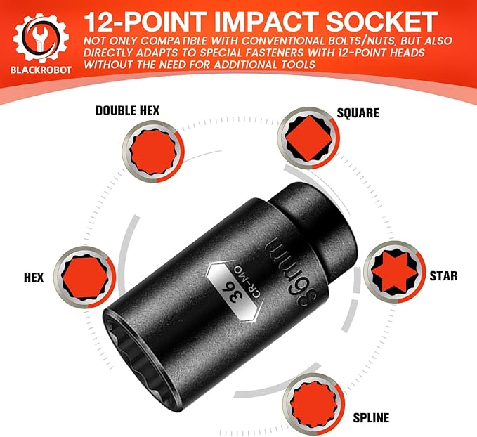 BLACKROBOT 36 mm 12-Point Deep Impact Socket, 1/2 Inch Drive, Metric, Black Manganese Phosphate Coating