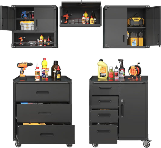 Metal Tool Cabinet,Garage Storage Cabinet System,Wall Cabinet & Locking Rolling Tool Cabinet with Doors and Adjustable Shelves,Steel Tool Cabinets for Home,Office (5 Pcs-StyleC, Black)