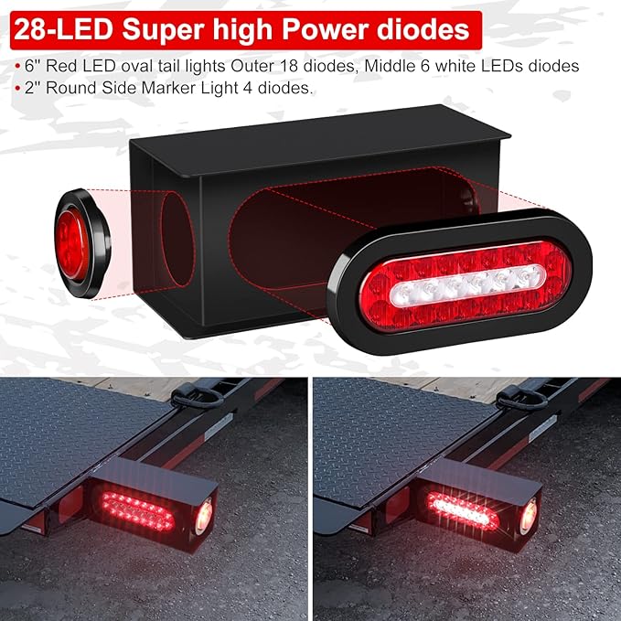 2 Pcs Trailer Light Steel Boxes Housing Kit with w/6" Oval Red/White LED Tail Lights and w 2" Round Red LED Side Lights, Included Grommets Wire Connectors(2 with Boxes)