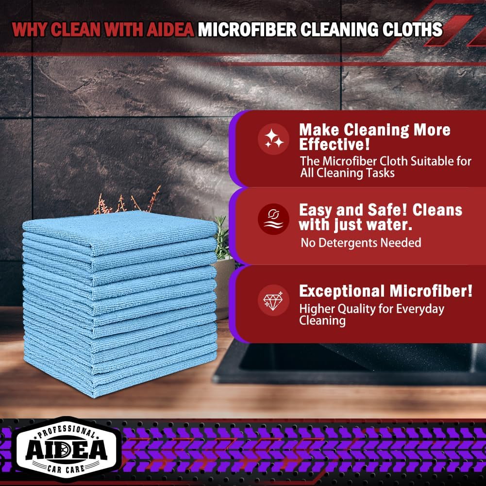 AIDEA Microfiber Cleaning Cloth Blue 10PK, Microfiber Towels for Cars, Premium Car Cloths, Dusting Cloth Lint Free Cleaning Rags for SUVs, House, Kitchen, Window, Workshops,12×12"