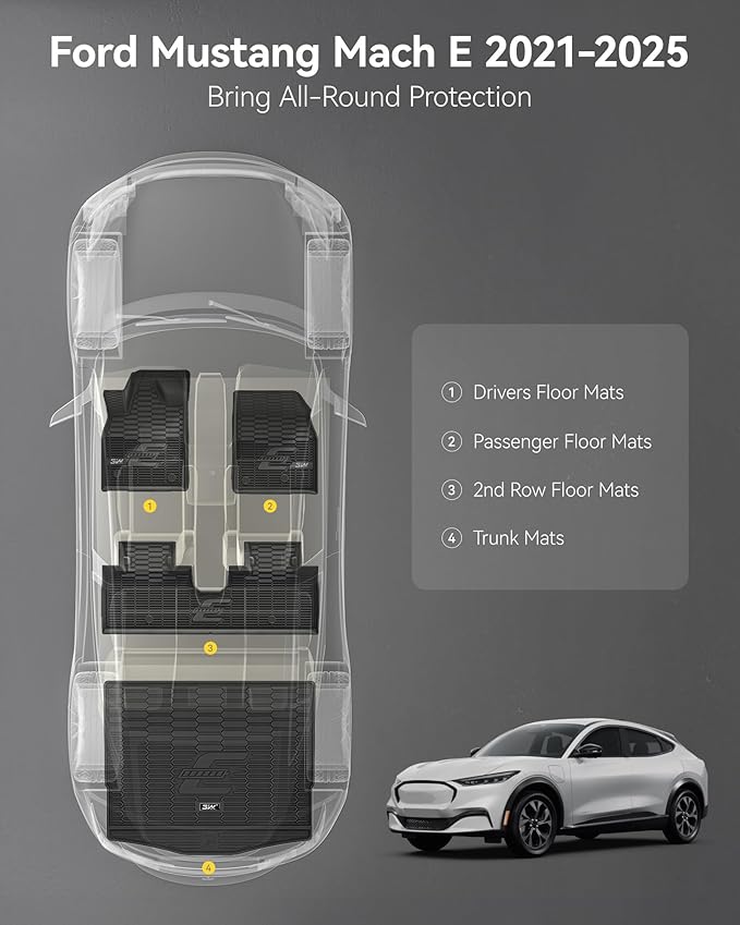 3W Floor Mats & Cargo Liner Fit for Ford Mustang Mach E 2021-2024 2025 TPE All Weather Custom Fit Floor Liner 1st 2nd Row and Trunk Mat Full Set Mats (Trunk Base Upper Only)