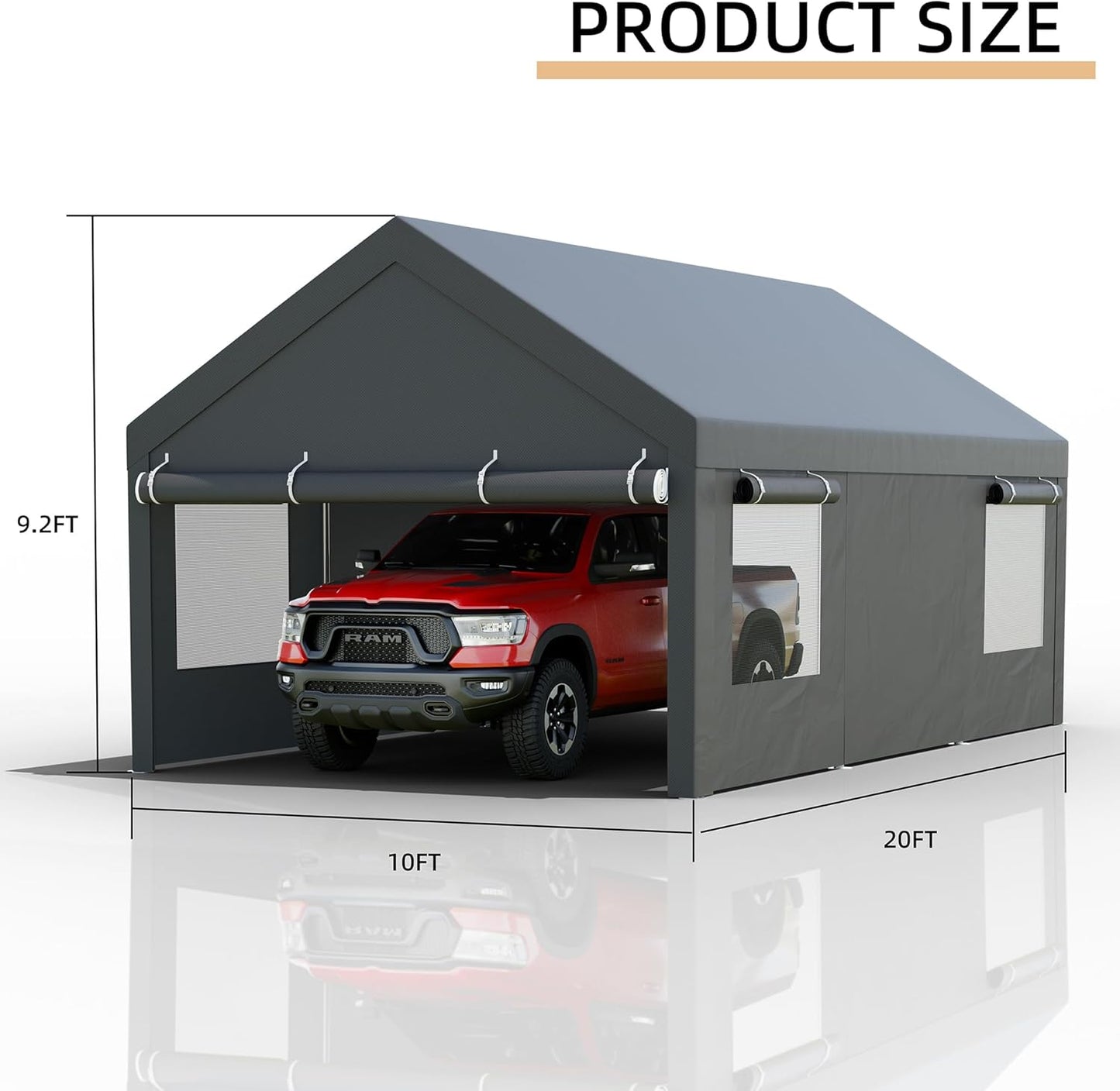 JY QAQA Carport, 12x20 FT Heavy Duty Carport with Removable Side Walls and Doors, Car Canopy with All-Season Tarp for Cars, Grey