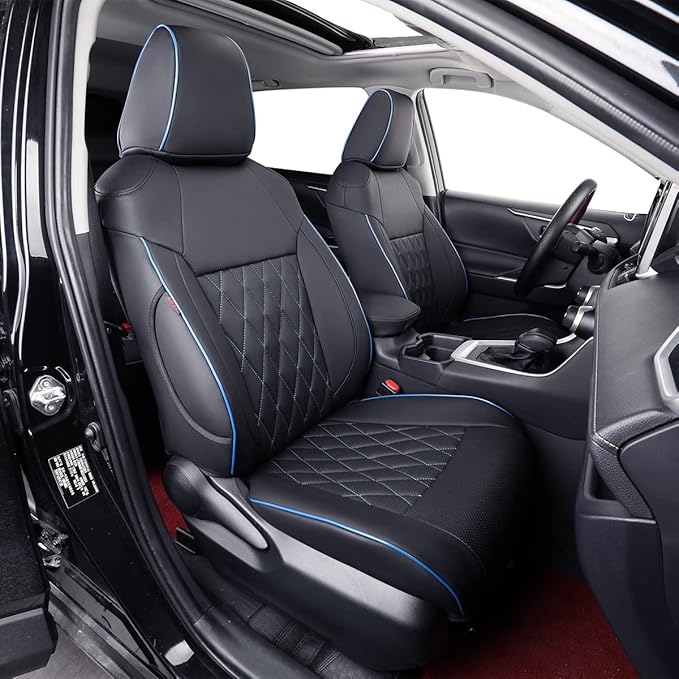 EKR Rav4 Seat Covers Custom Fit for Toyota Rav4 2021-2024 Prime SE,XSE & 2019-2025 Hybrid/PHEV SE,XSE, Leather Truck Seat Cover Full Set for SUV,Faux Leather(Black with Blue Piping)