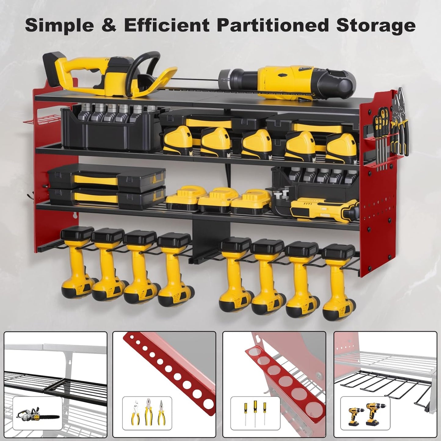 oviitech Power Tool Organizer Wall Mount, 8 Drill Holder Wall Mount Loads 400lbs, 4 Layer Heavy Duty Metal Power Tool Storage, Red, Utility Rack for Garage Workshop, Gifts for Men
