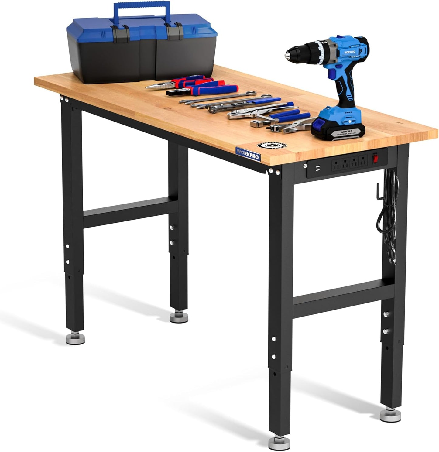 WORKPRO Adjustable Garage Workbench, 48"x22" Rubber Wood Top Heavy-Duty Work Desk with Power Outlets, Leveling Foot, 5 Heights, 1500 LBS Load Capacity Work Benches for Garage, Workshop
