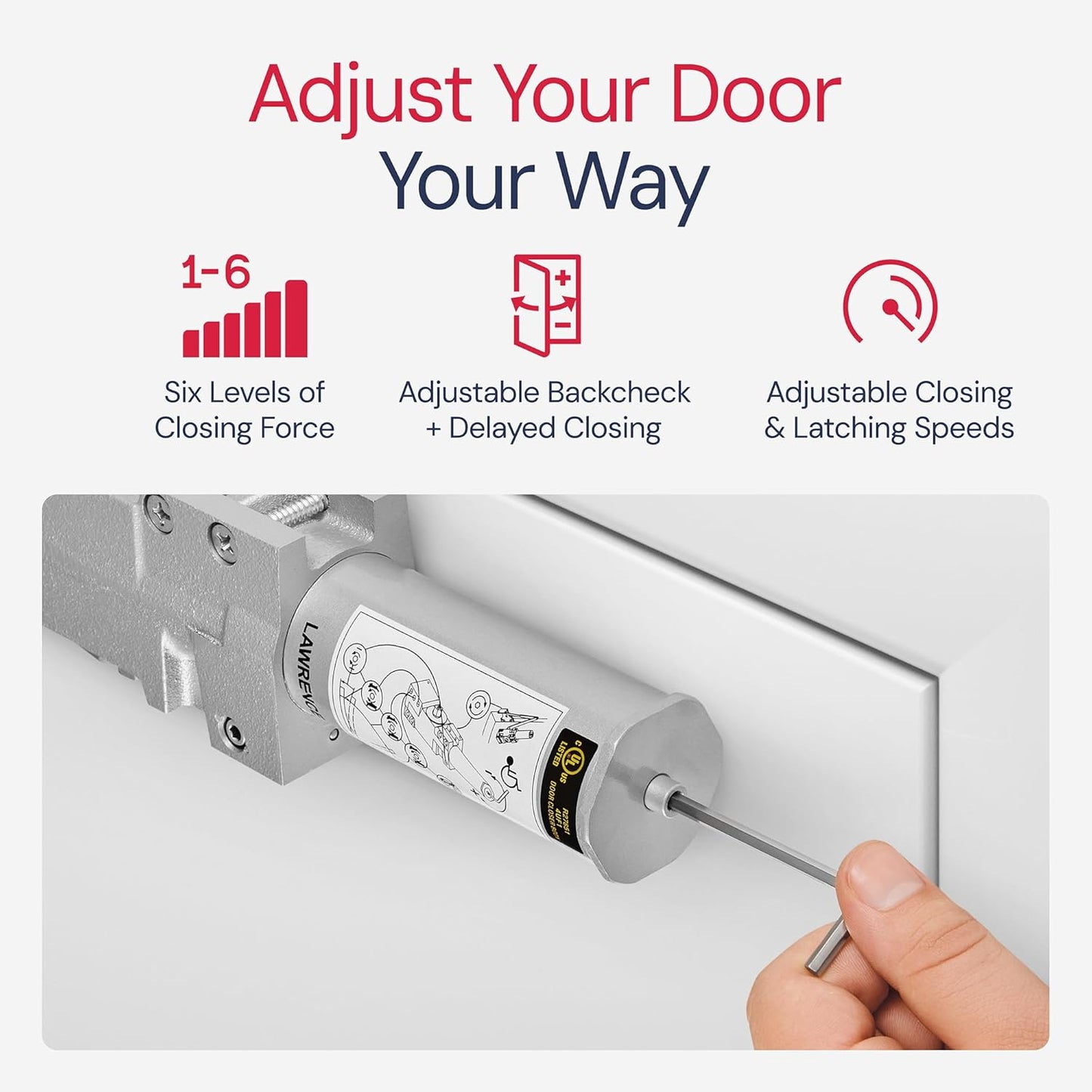 Lawrence Extra Heavy Duty Door Closer Commercial Grade 1 - Adjustable 6-Speed Delayed-Action Door Control with 3 Pistons – Flexible Installation with Included Hardware - Embassy Series LH8016