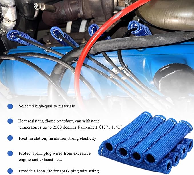 8Pcs 2500° Degree Spark Plug Wire Boots Heat Shield Protector Sleeve Cover Compatible with SBC BBC 350 454,6 Inch, Blue