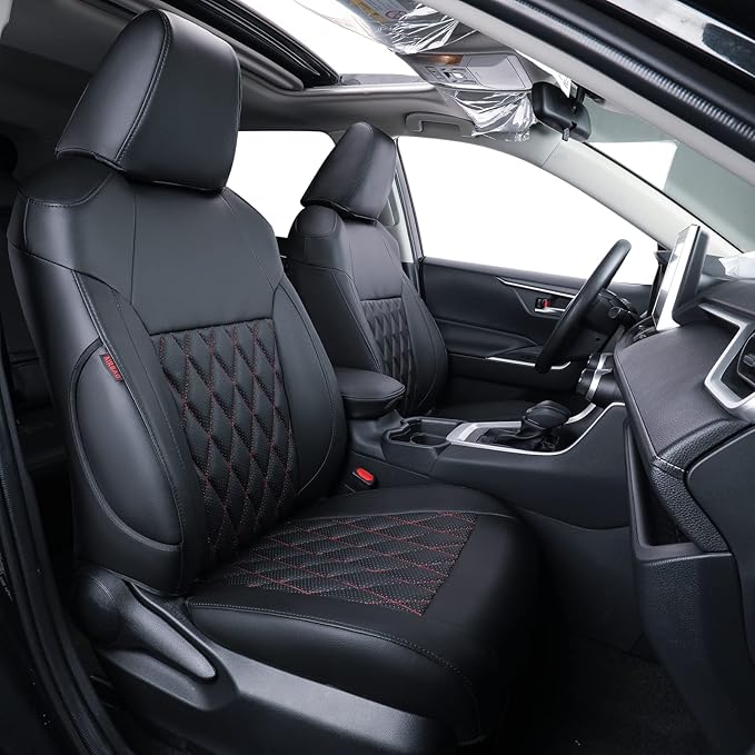 coverdream RAV4 Waterproof Leather Seat Covers Custom Fit for 2019-2024 2025 Toyota RAV4 LE,XLE,XLE Premium,Limited,Full Coverage,Airbag Compatible,Car Seat Protector(Full Set,Red/Black)