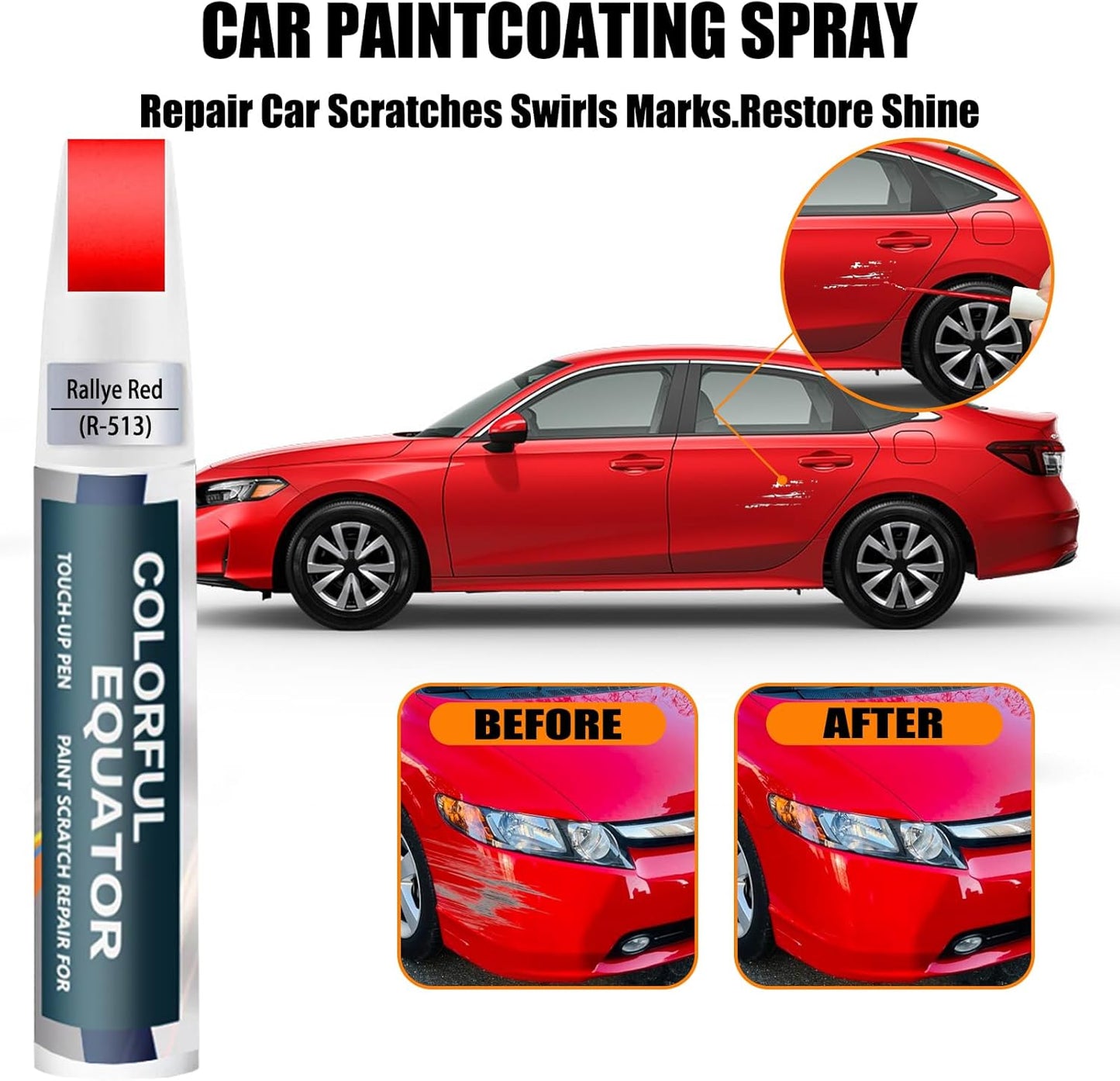 Rallye Red(R-513) Touch Up Paint Compatible with Honda, Car Paint Pen Scratch Repair Two-In-One Touch Up Paint, Premium Car Scratch Remover for Deep Scratches