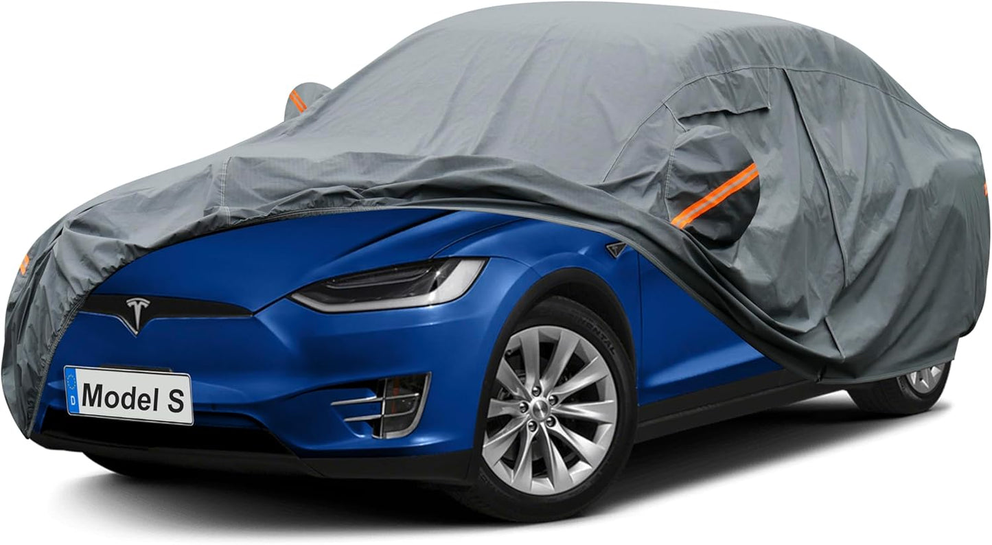Premium Car Cover Custom Fit Tesla Model S (2012-2025), 16 Layers Heavy Duty Car Cover Waterproof All Weather with Zipper Door for Sun Rain Snow Dust Uv Protection