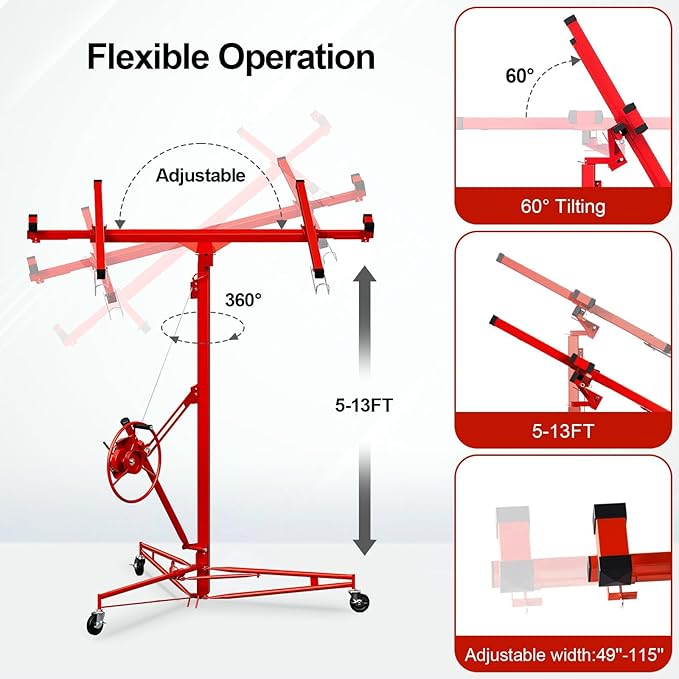 13FT Drywall Lift Sheetrock Lift, 150LBS Capacity, Drywall Lift Panel Hoist with Telescopic Arm, Drywall Jack Lift with 3 Lockable Wheels for Home Improvement Classic, 4'x16' Panel Size, Red