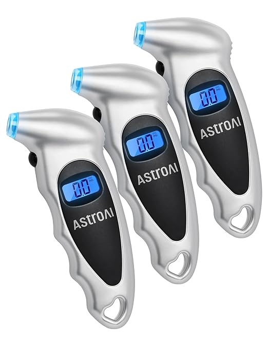 AstroAI Digital Tire Pressure Gauge 0-150PSI, Accurate in 0.1 Increments, Tire Gauge with Backlit LCD and Presta Valve Adaptor, 4 Units of Measurement for Car Truck Bicycle, Silver 3Pack