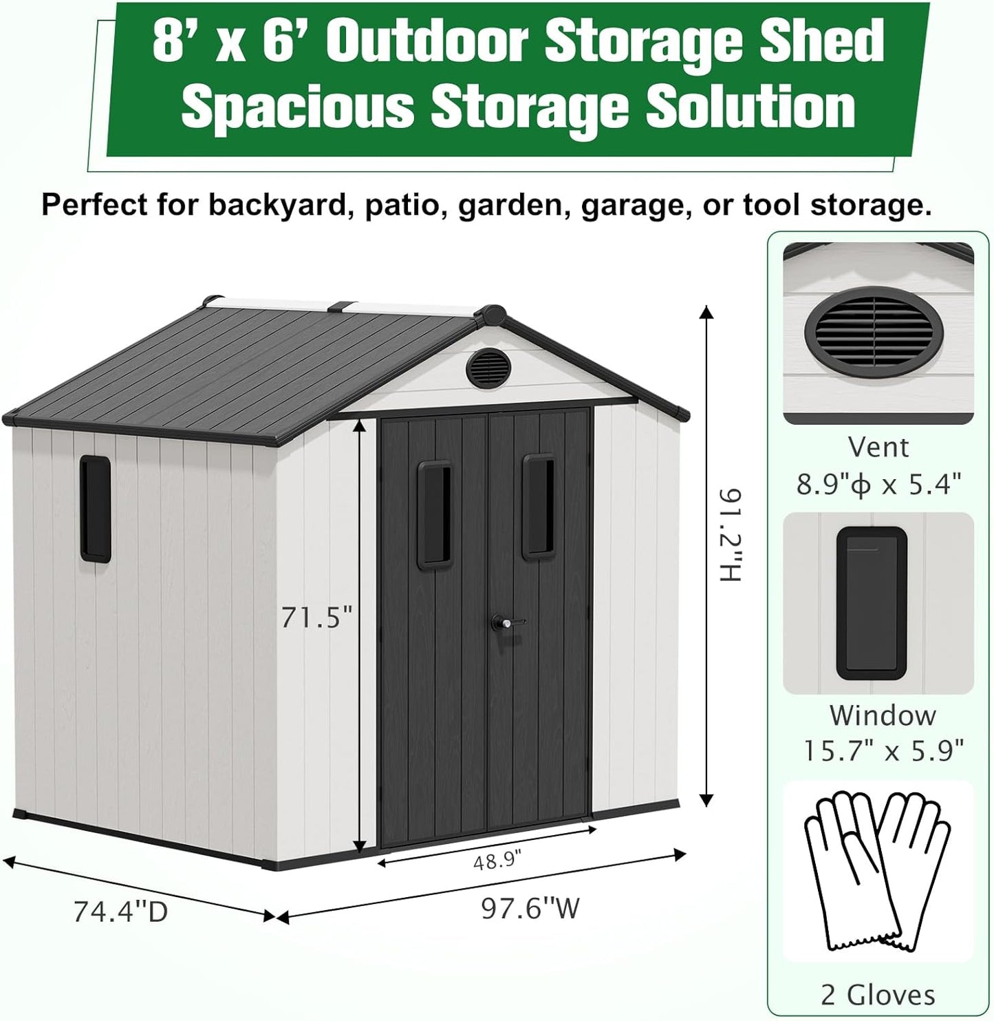 EAGLE PEAK 8x6 Resin Outdoor Storage Shed, Weatherproof Garden Shed with Floor & Lockable Doors, Tool & Equipment Storage for Backyard or Patio, White/Gray