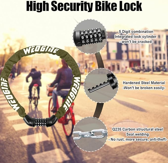 Bike Lock with Numbers and high Security Level, Bike Chain Lock, Bicycle Locks, 5 Digit Combination Lock for Bike, Bicycle, Scooter, Motorcycle, Door, Gate, Fence