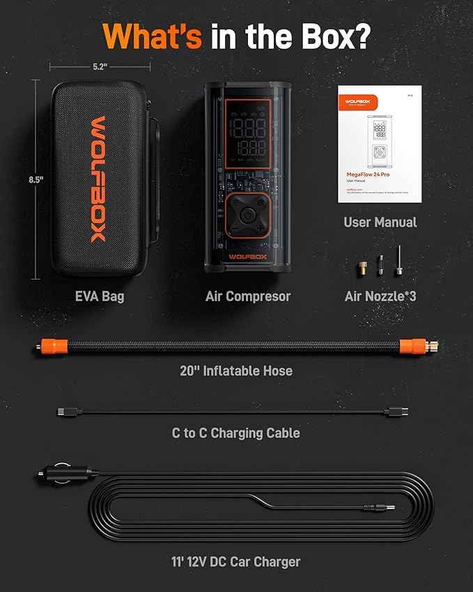 WOLFBOX 150PSI Heavy Duty Tire Inflator Portable Air Compressor,Double- cylinder 45LPM Fast Air Pump for Car Tires,3.5'' LED Display,20'' Hose,Air Compressor for Car,Pickup Truck,Bike